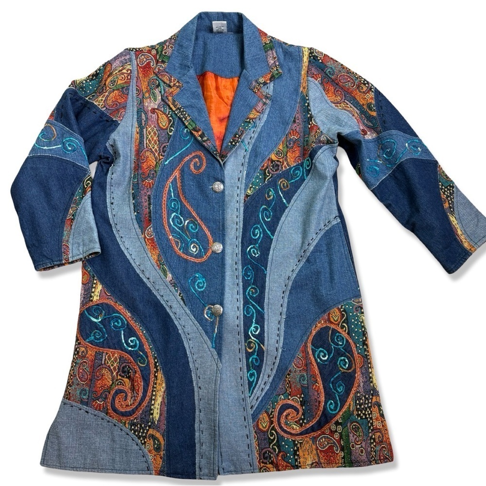 PARSLEY AND SAGE Vintage Denim Embroidered Brocade Duster Coat